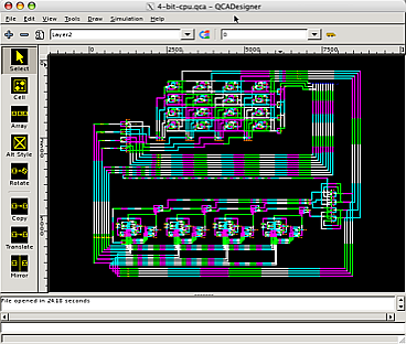 Screenshot of QCADesigner showing the layout of a 4-bit processor built from QCA cells in coloured clock zones